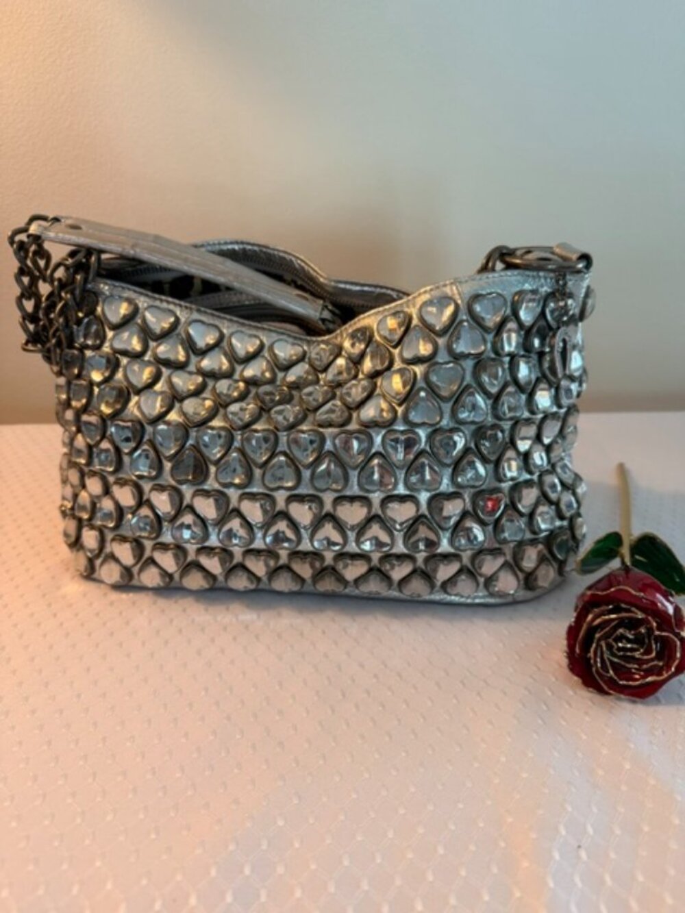 Authentic Betsey Johnson Silver Heart Embellished Shoulder Bag | Chain Strap |